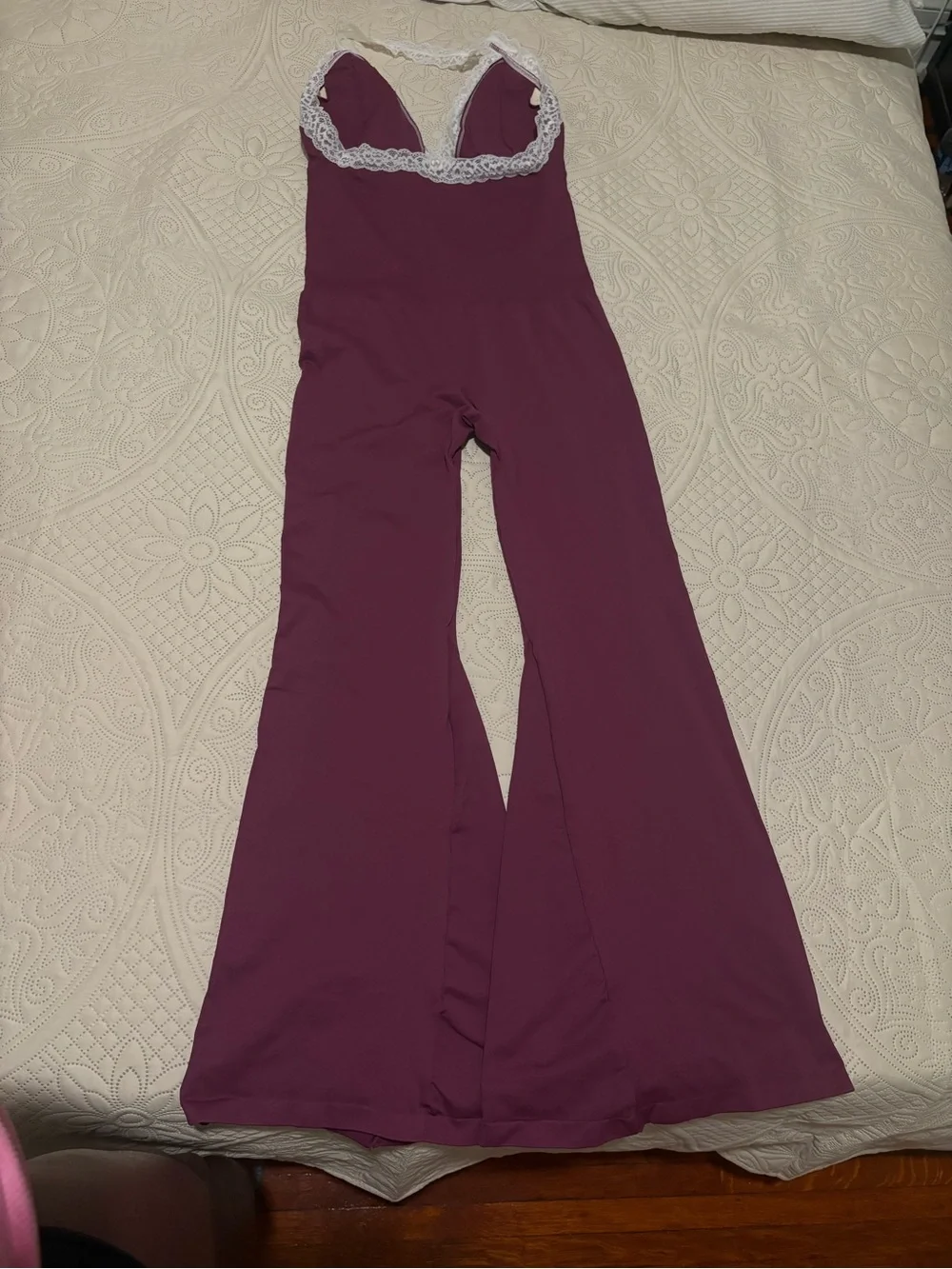 Girls' Plum Lace-Trim Flared Jumpsuit